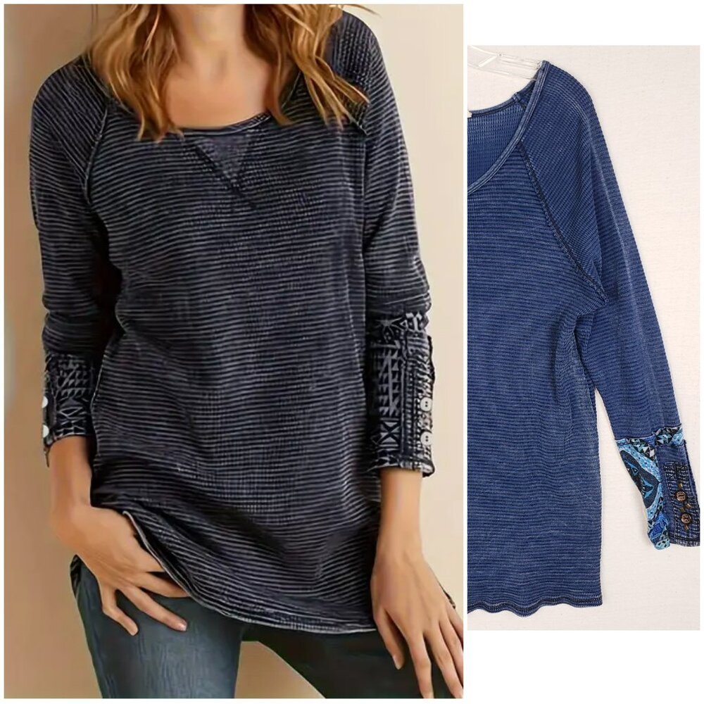 Soft Surroundings Thermal Tunic Top Contrast Cuff Boho Ethnic Blue Acid Wash L